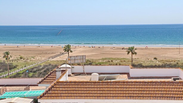 Vista de una playa desde una terraza en la azotea, con techo de tejas, una palmera y una playa de arena al fondo.