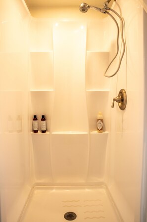 Eco-friendly toiletries, hair dryer, towels, soap