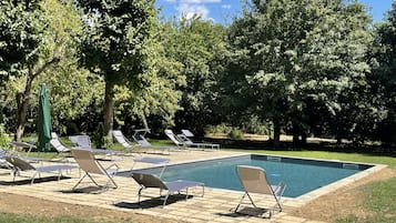 Seasonal outdoor pool, pool umbrellas, pool loungers