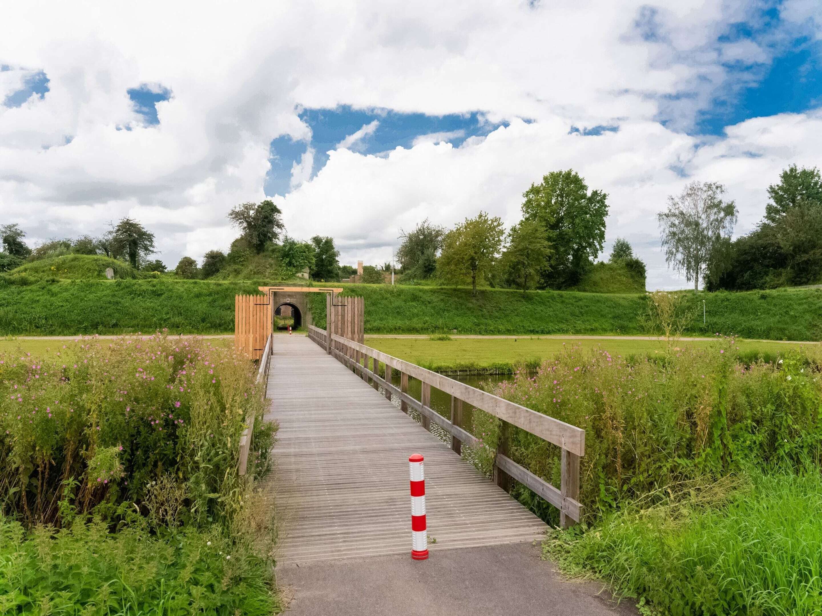 Un puente de madera que conduce a un túnel en un paisaje verde exuberante.