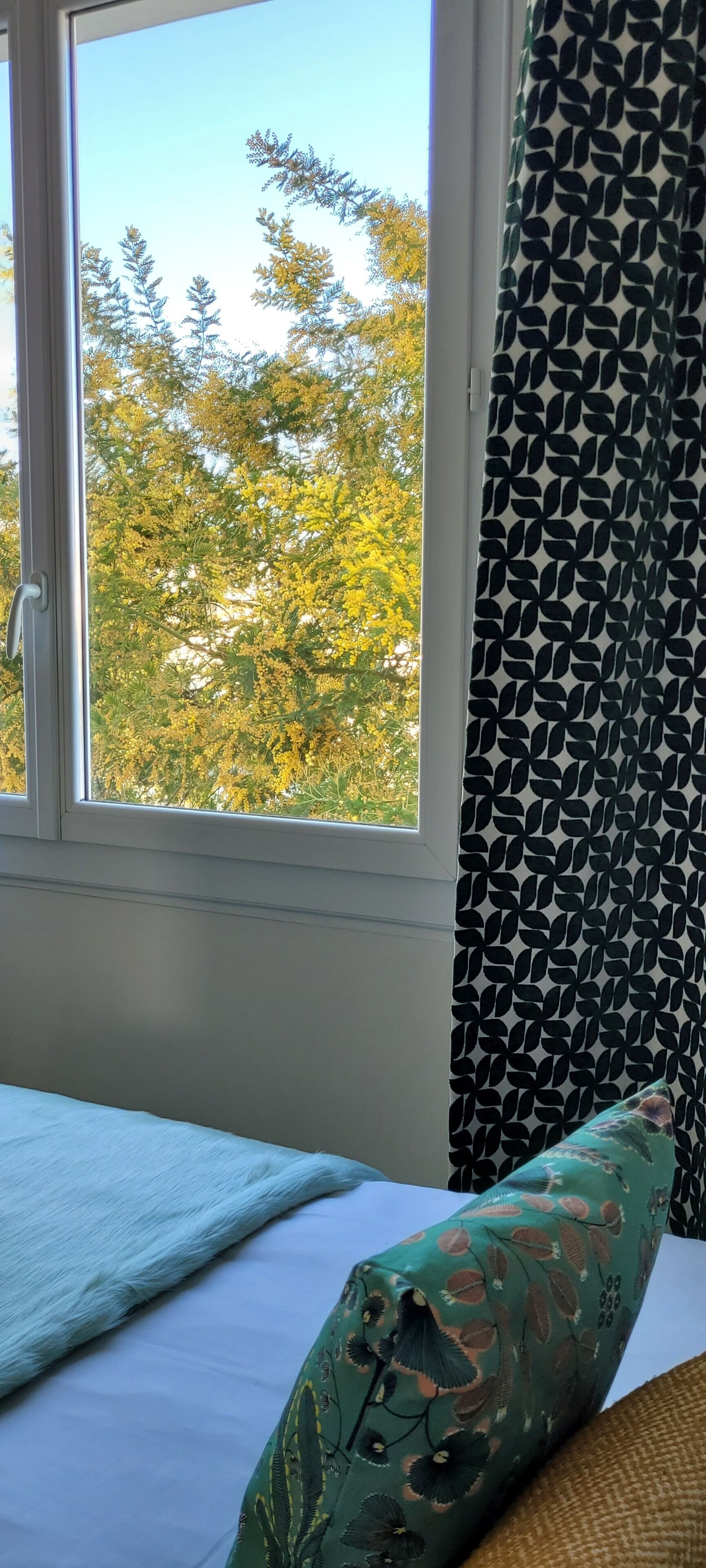 A room with a bed, a window with a view of trees, and a patterned curtain.