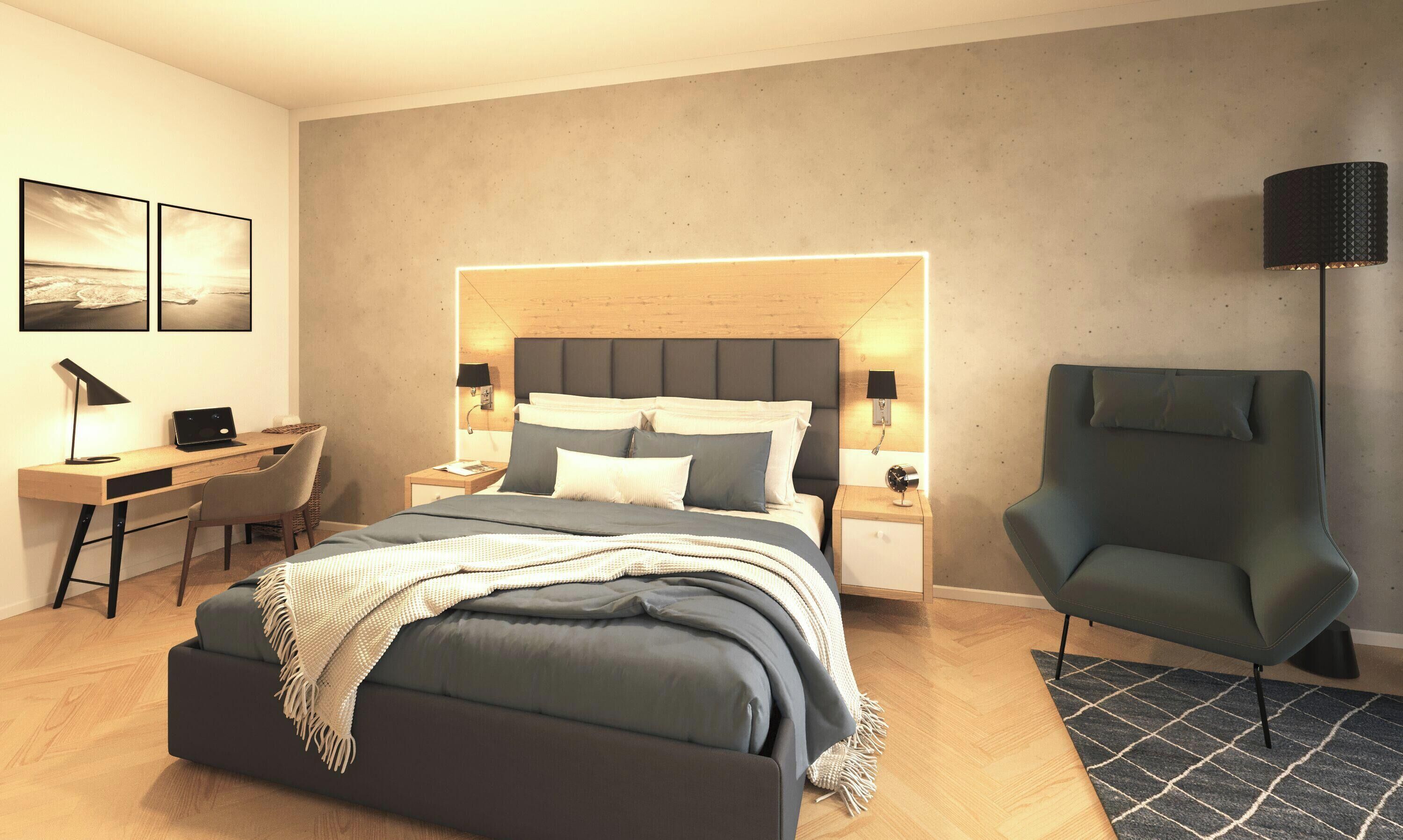 Ropa de cama de alta calidad y caja de seguridad en la habitación 