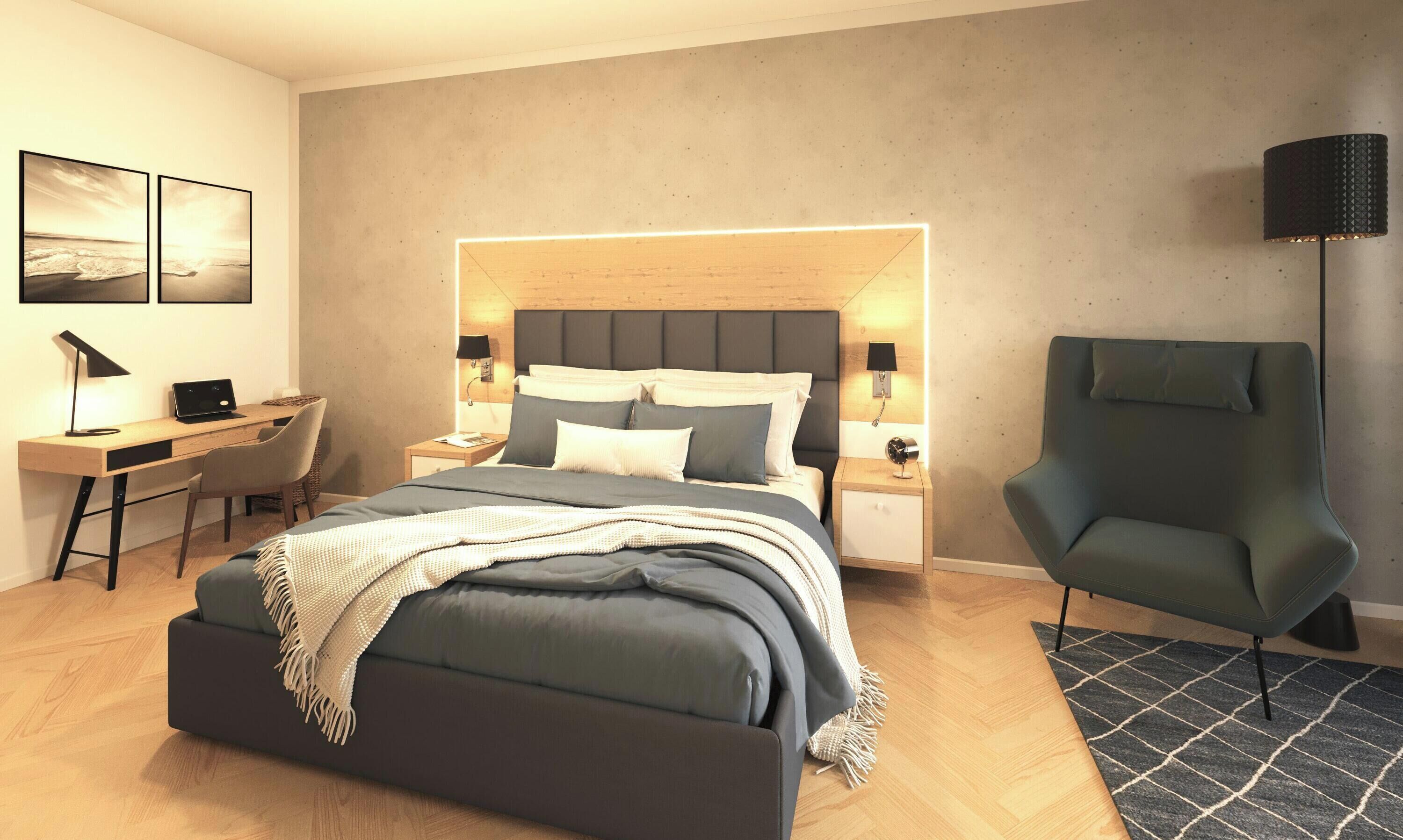 Ropa de cama de alta calidad y caja de seguridad en la habitación 