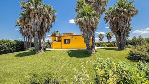 Un edifici groc envoltat de palmeres sobre una zona verda.