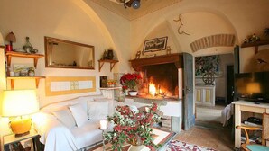 Un salon chaleureux avec une cheminée, un canapé, une table basse ornée d’un vase de fleurs et un téléviseur.