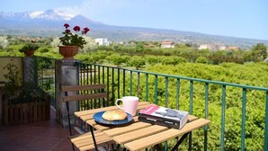 A wooden table with a plate of food, a pink mug, and a book on a balcony overlooking a green landscape and a mountain in the distance.