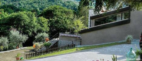 Edifici modern amb façana de pedra, una petita escala i plantes en testos.
