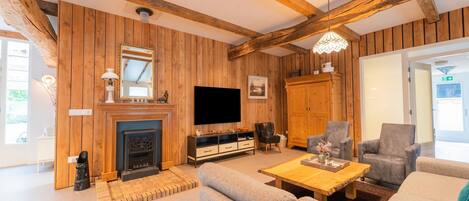 Una sala de estar con paneles de madera, una chimenea, un televisor y un sofá.