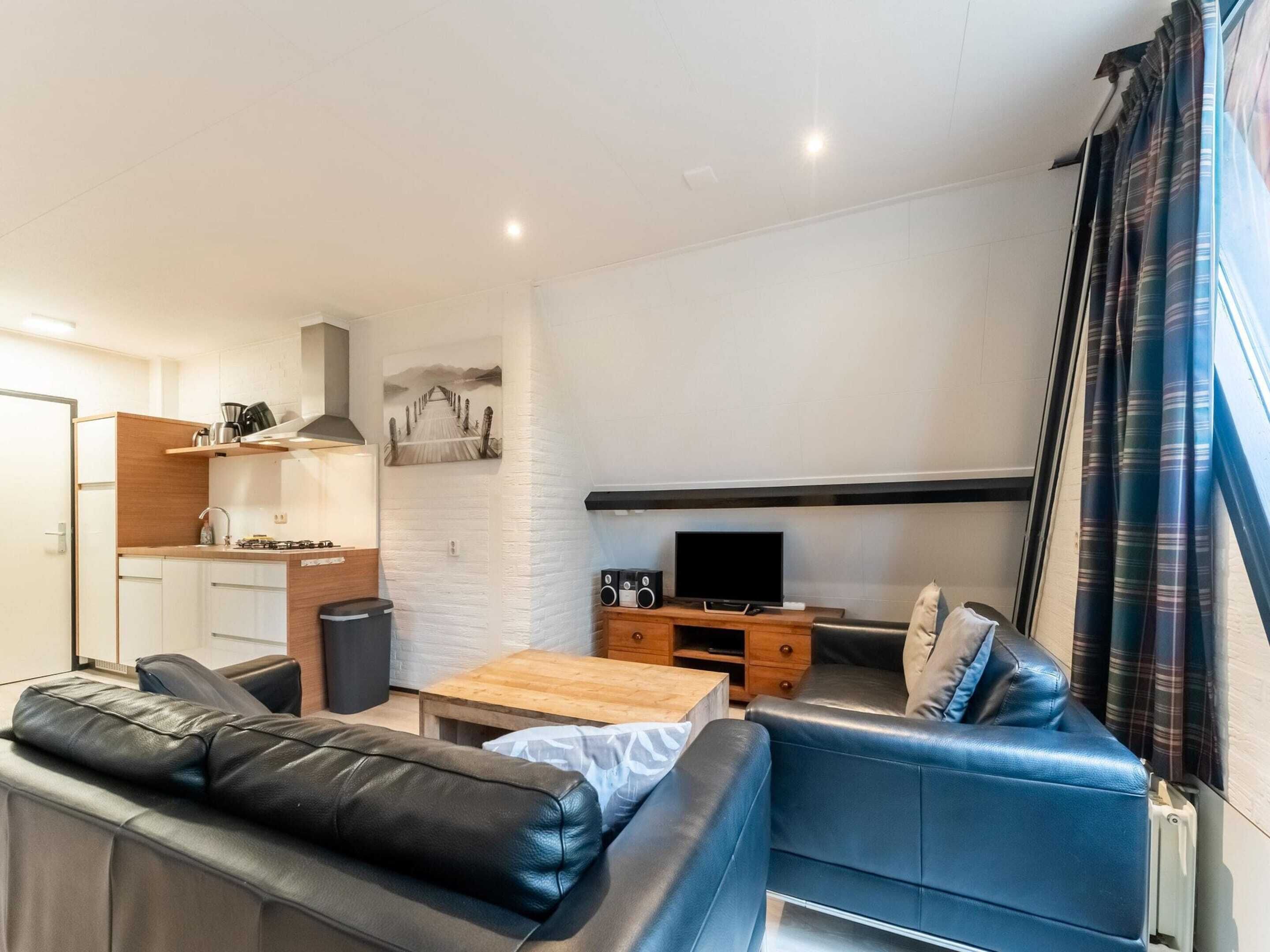 A compact living space with a kitchenette, a sofa, a coffee table, and a television.