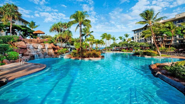 A resort pool with clear blue water, surrounded by palm trees and a rocky waterfall feature.