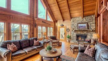 Smart TV, fireplace, foosball, books