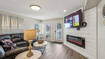 Smart TV, fireplace, books