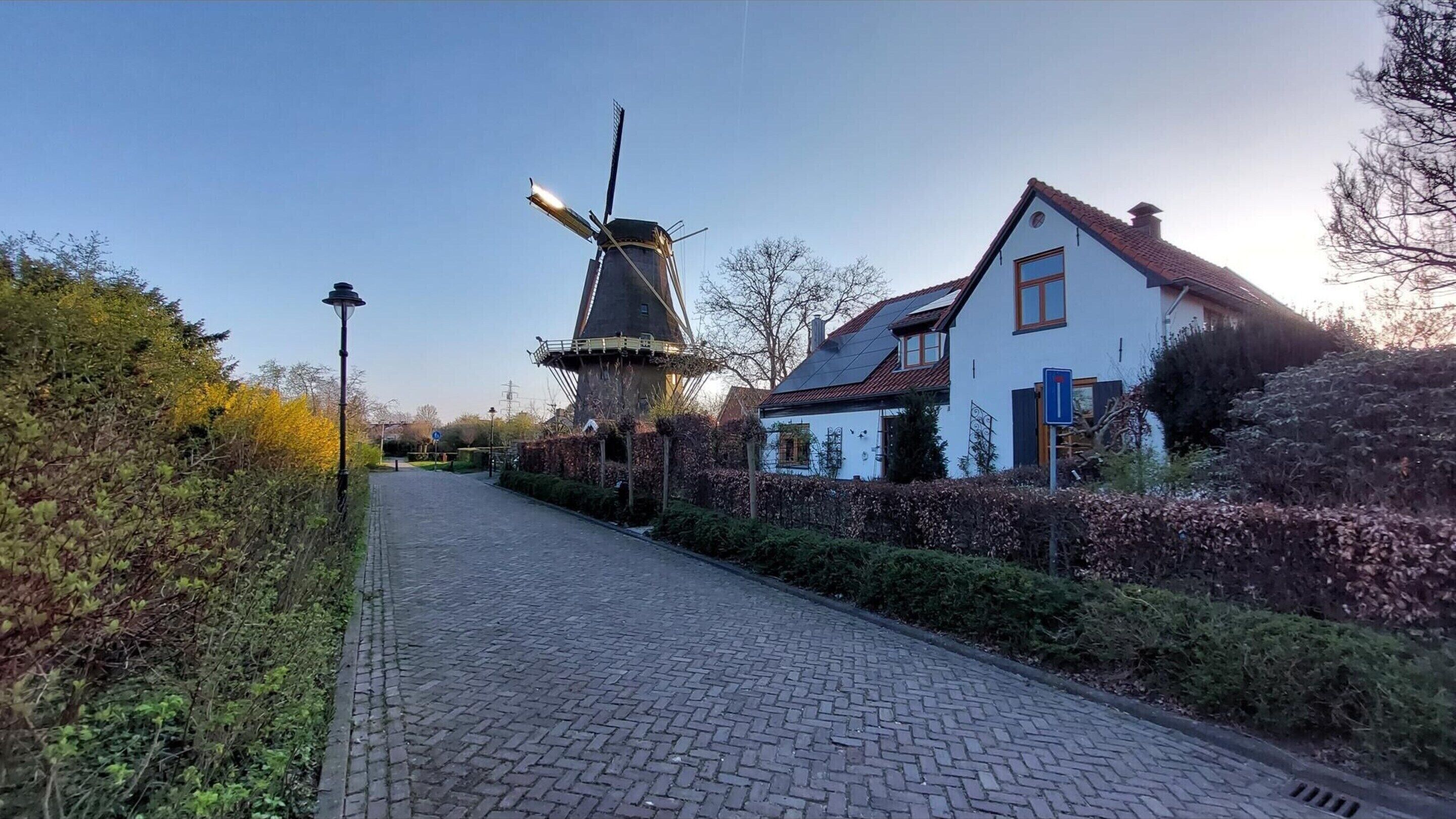 A cobblestone path leading to a traditional windmill and a white house with a red roof.