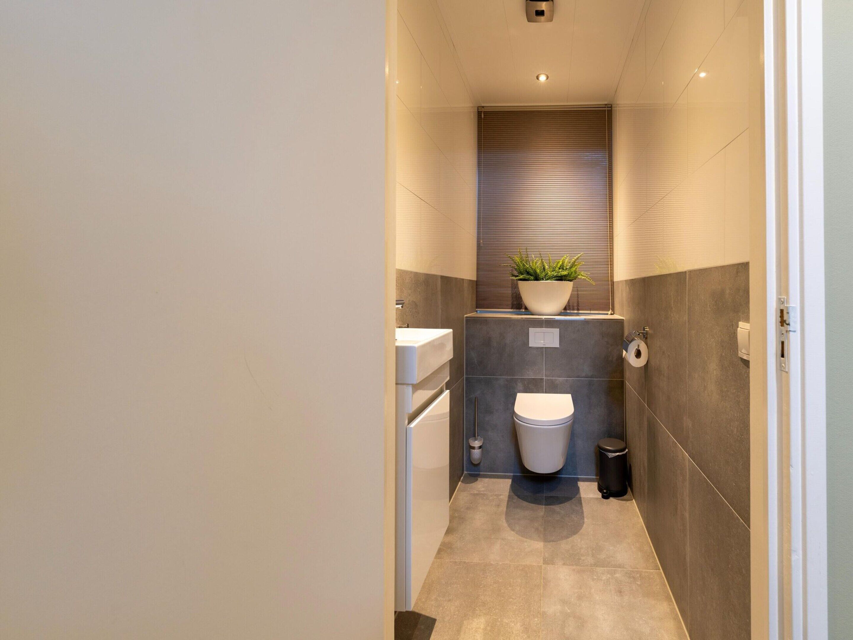Un baño moderno y estrecho con inodoro, lavamanos y una planta en maceta en la pared.