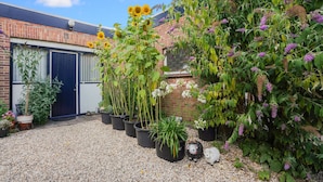 Un giardino con piante in vaso, un muro in mattoni e una porta blu.