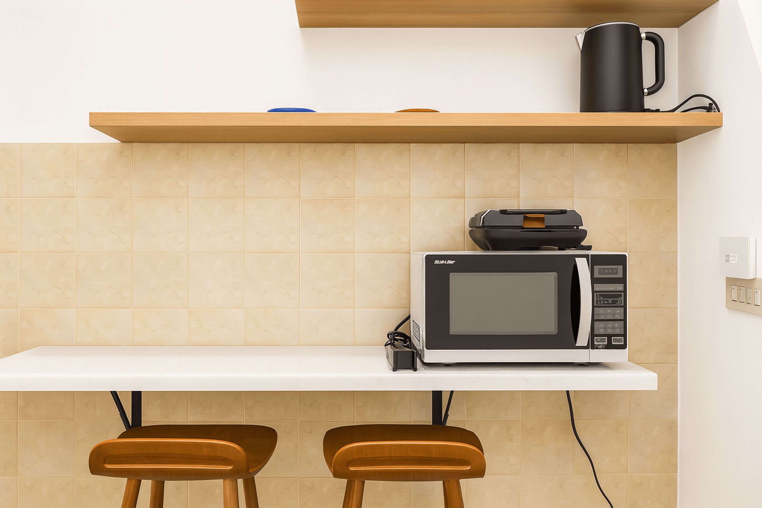 Una cucina con forno a microonde, macchina del caffè e ripiano sopra il bancone.