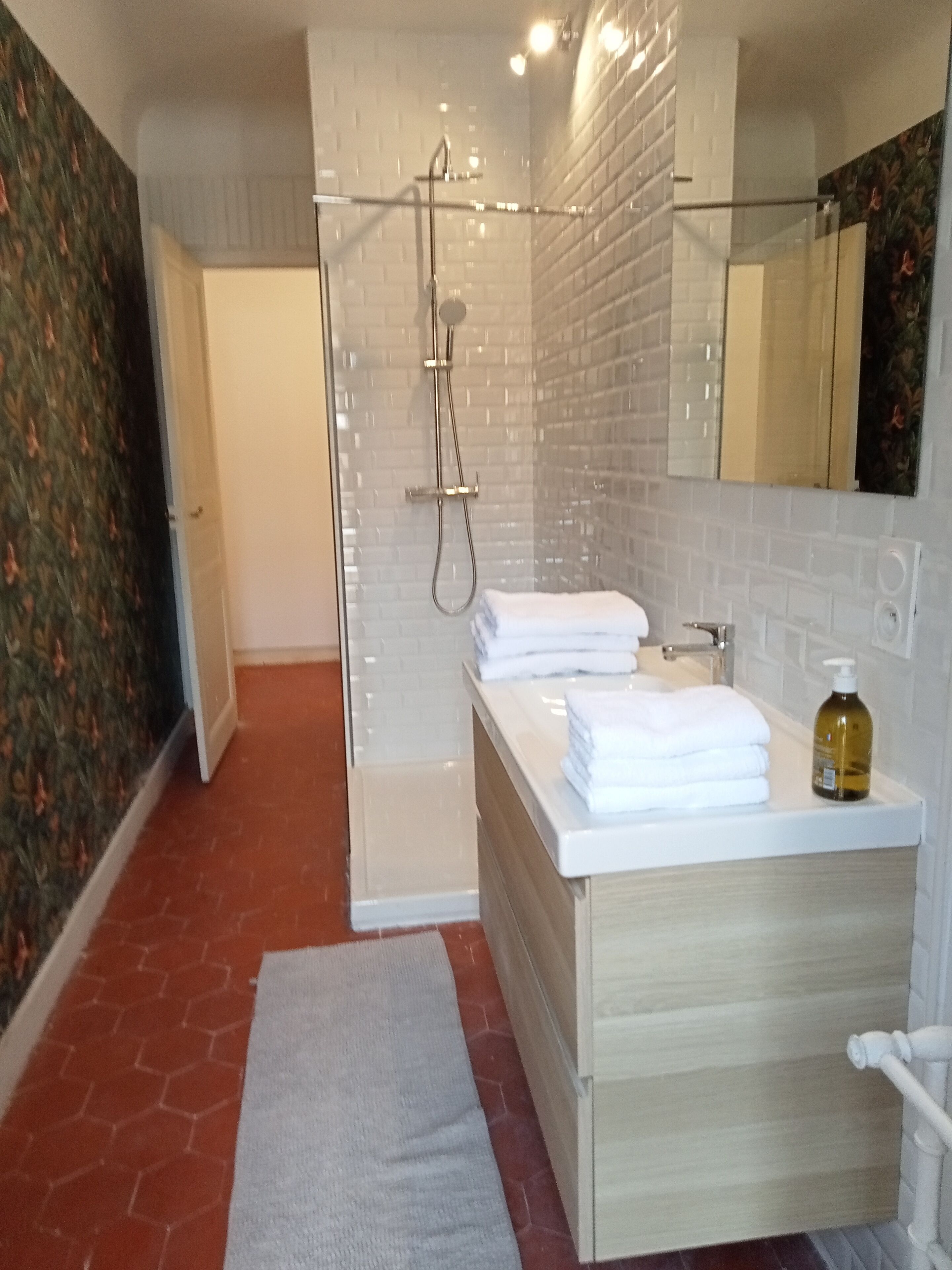 Une salle de bain moderne avec une douche à parois de verre, un lavabo blanc et un miroir au-dessus.