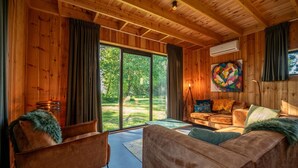 A wooden interior with a sofa, armchair, and a painting on the wall. - Pleasant Nature Lodge in Dalerveen (Dalerveen)