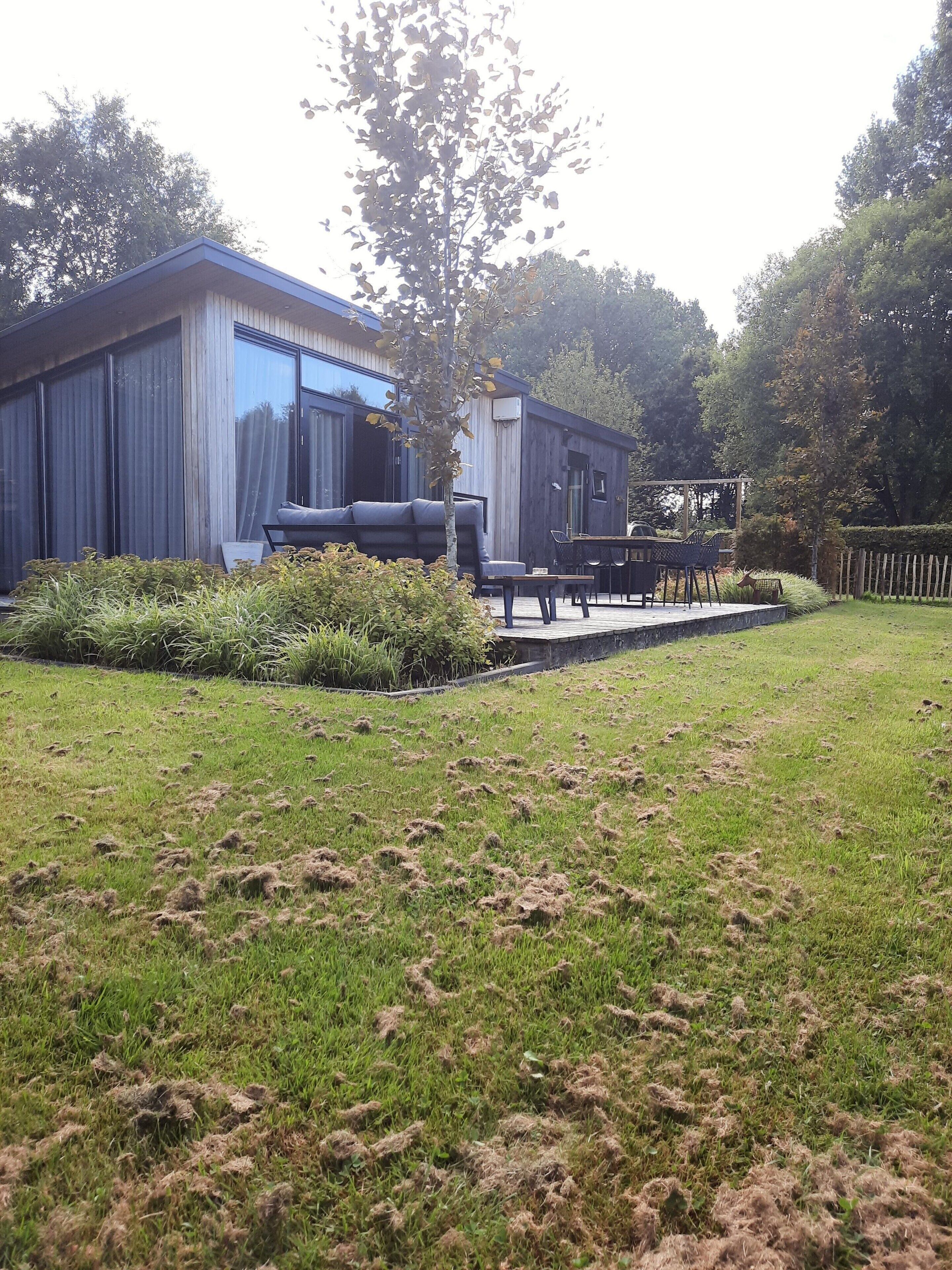 A modern house with a large glass window, a patio with outdoor furniture, and a well-maintained lawn.