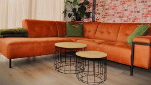 A modern living room with a brick-patterned wall, a leather sofa, two round coffee tables, and a large plant. - Peaceful Chalet Close to Norg (Haulerwijk)