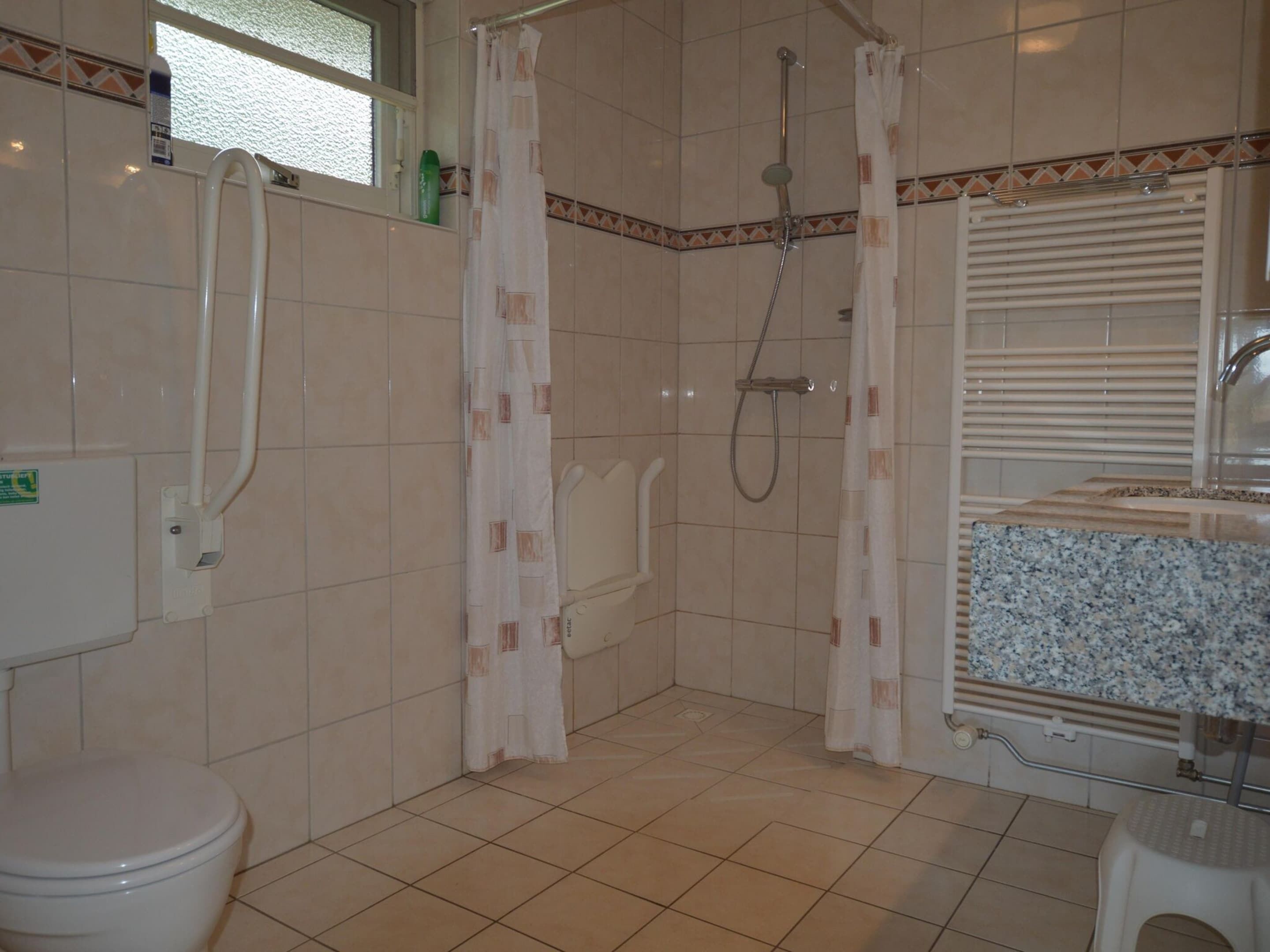 Une salle de bain avec douche, toilettes et lavabo.