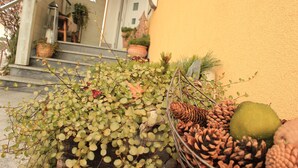 A staircase leading to a building entrance with potted plants and pinecones on the steps. - Summer dream vacation apartment in the Zillertal with magnificent views (Schwendau)