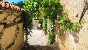 Un carrer estret amb un teulat de rajoles i parets cobertes de plantes enfilades.