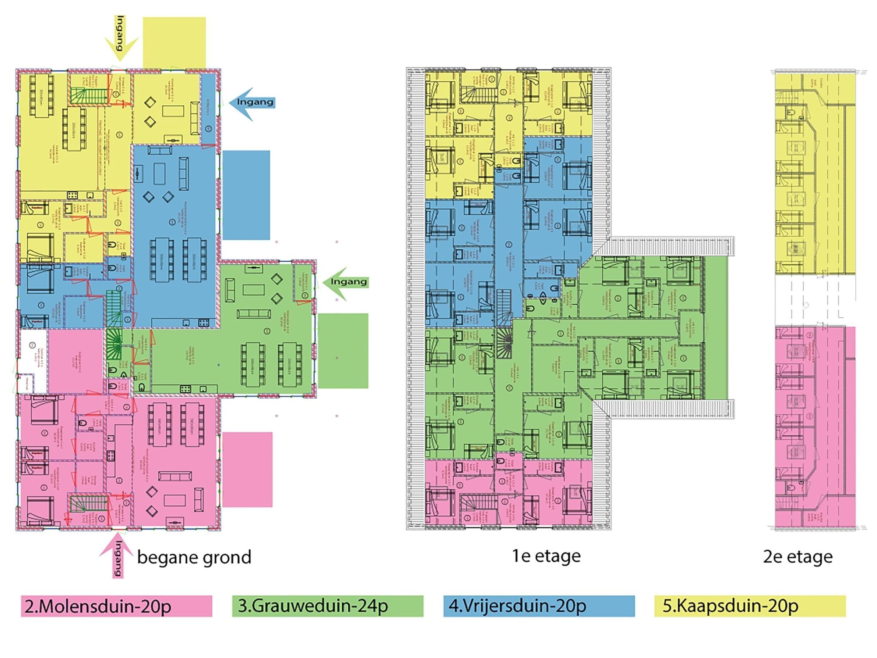 Floor plans of a building with multiple apartments, each marked with a different color.