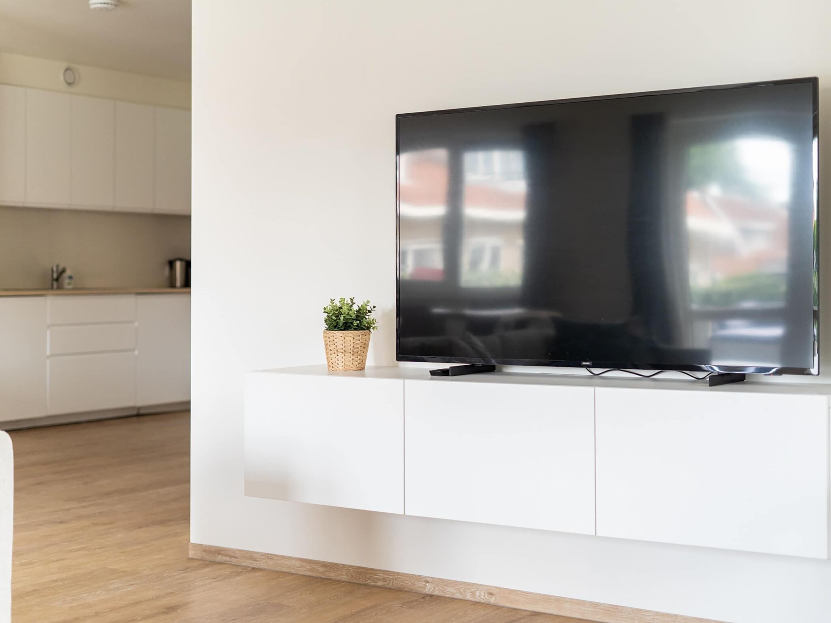 Een moderne woonkamer met een flatscreen televisie op een wit kastje, een kleine potplant en een houten vloer.