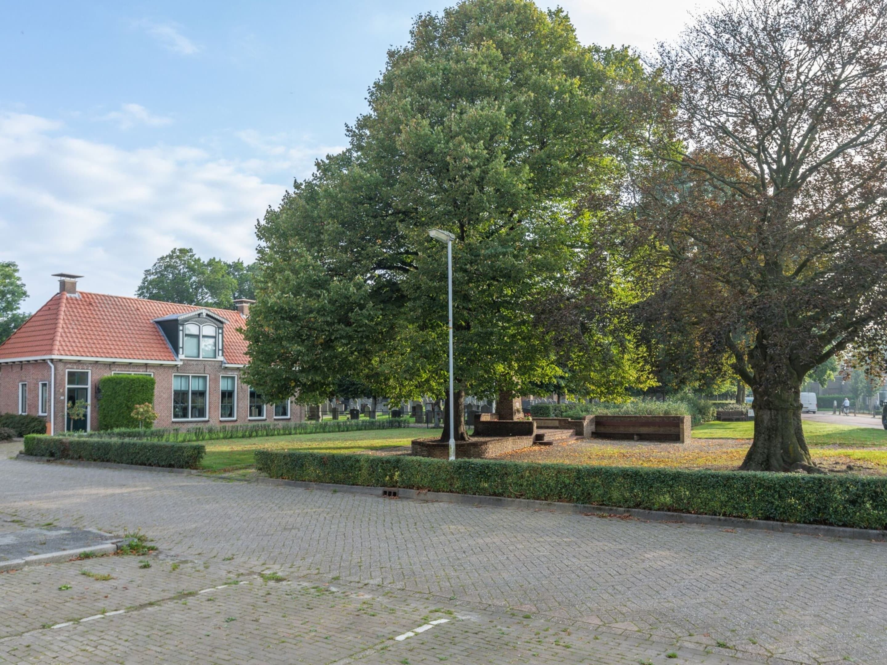 A paved pathway, a large tree, and a building with a red roof.