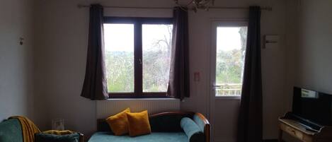 A living room with a green sofa, a wooden coffee table with a tray, a television on a wooden stand, and a window with curtains.