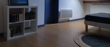 Une pièce avec un plafond en pente, un puits de lumière, une bibliothèque, un radiateur et un lit.
