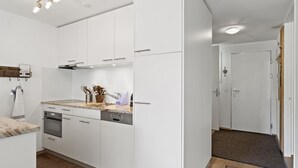 A modern kitchen with white cabinets, a granite countertop, and stainless steel appliances. - Nr.43 Haus Sotmirana by Interhome (Lenzerheide)