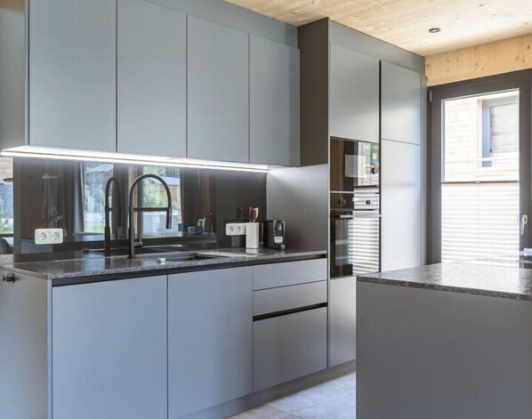 A modern kitchen with grey cabinets, a stainless steel sink, and a built-in oven. - #5b mit Sauna & Pool by Interhome (Sankt Georgen am Kreischberg)