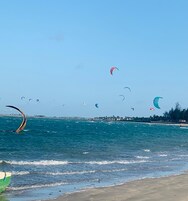 Uma praia com vários velejadores sobre a água.