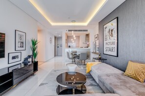 Panoramic Apartment, 2 Bedrooms, Balcony, City View | Living area | 40-inch flat-screen TV with cable channels, TV, Netflix - GLOBALSTAY. DAMAC Tower Paramount (Dubai)