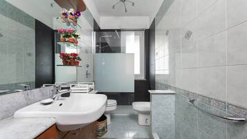 Hair dryer, bidet, towels, soap