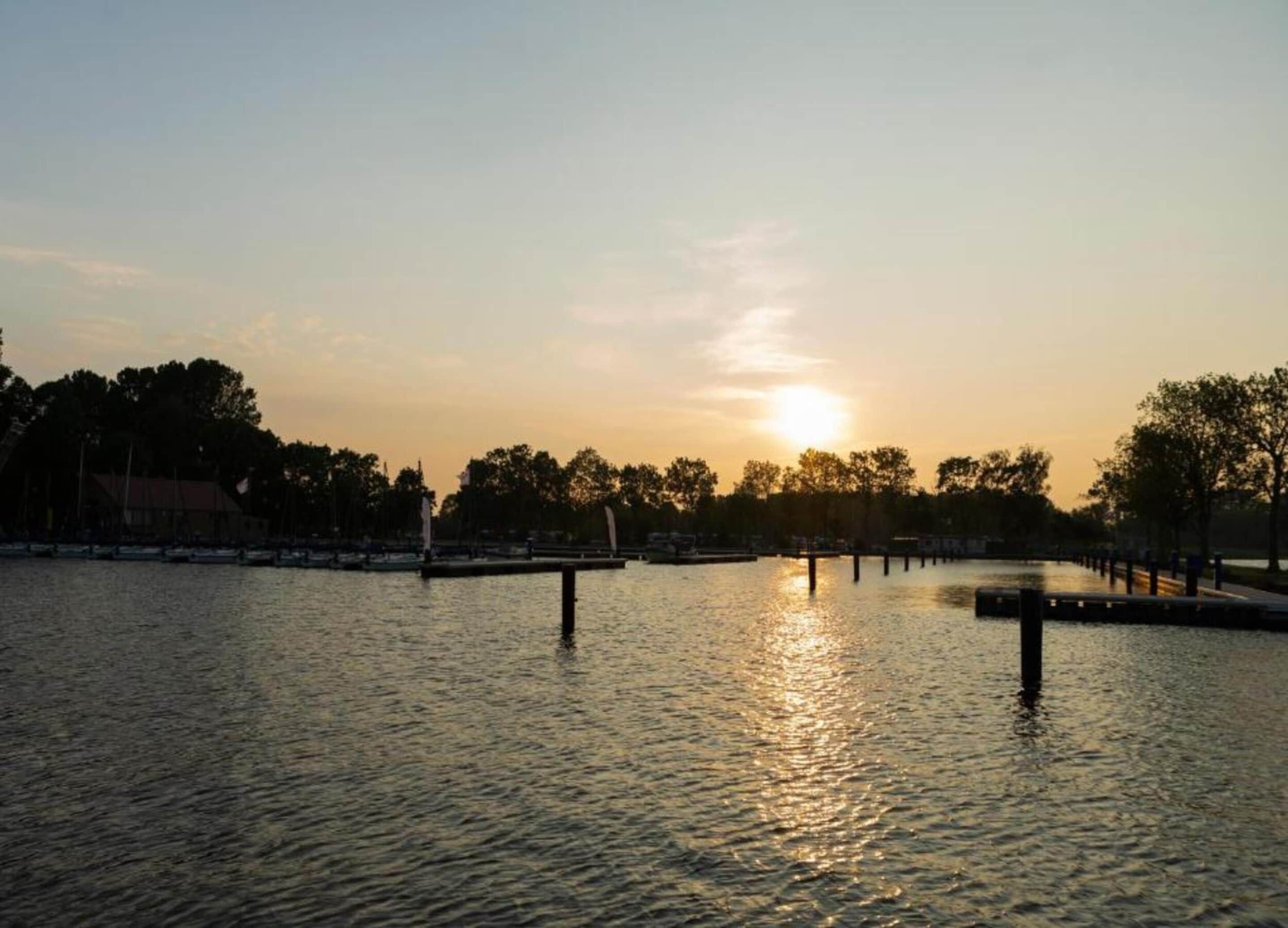 A waterfront scene with a sunset, calm water, and trees in the background.