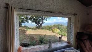 Una habitación con vista a un paisaje con césped, un árbol y montañas a lo lejos.