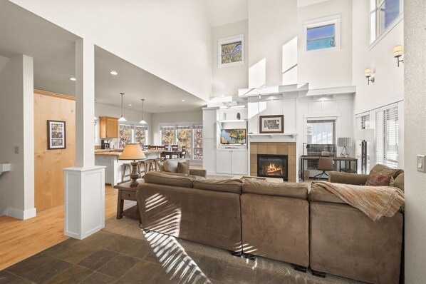 Smart TV, fireplace, books, computer monitors