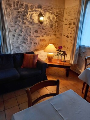 TV, fireplace, books