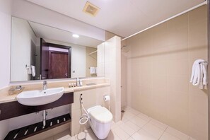 A modern bathroom with a large sink, mirror, and shower area. - Mabaat - AL-Fayhaa - 514 (Jeddah)