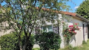 Une maison avec un jardin, un chemin et un arbre aux fleurs roses.