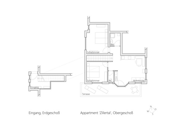 Plano de planta de un apartamento residencial con dos dormitorios, una sala de estar, una cocina y una terraza.