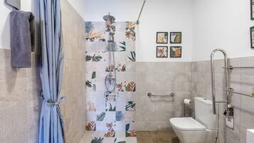 Regadera, secadora de cabello, toallas