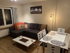 Smart-TV, Tischtennisplatte, Bücher, Stereoanlage