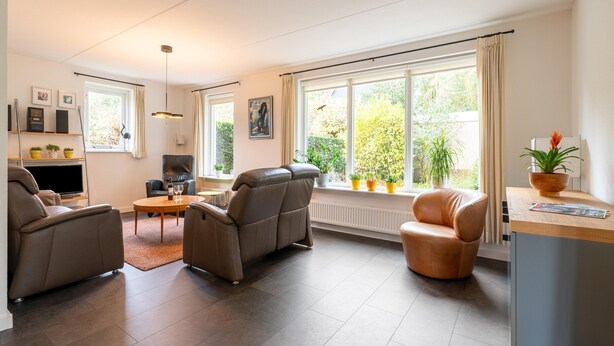 Een moderne woonkamer met leren banken, een salontafel en een televisie. Op de vensterbank staan planten en onder het raam een radiator.