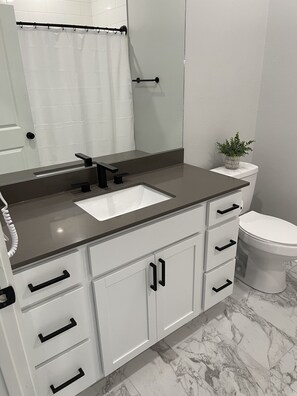 Shower, hair dryer, towels, soap