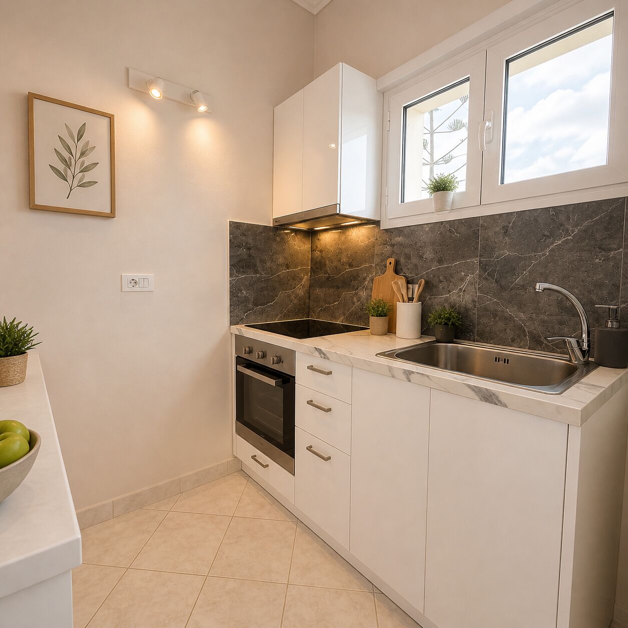 A compact kitchen with white cabinets, a black stovetop, a sink, and a marble backsplash.