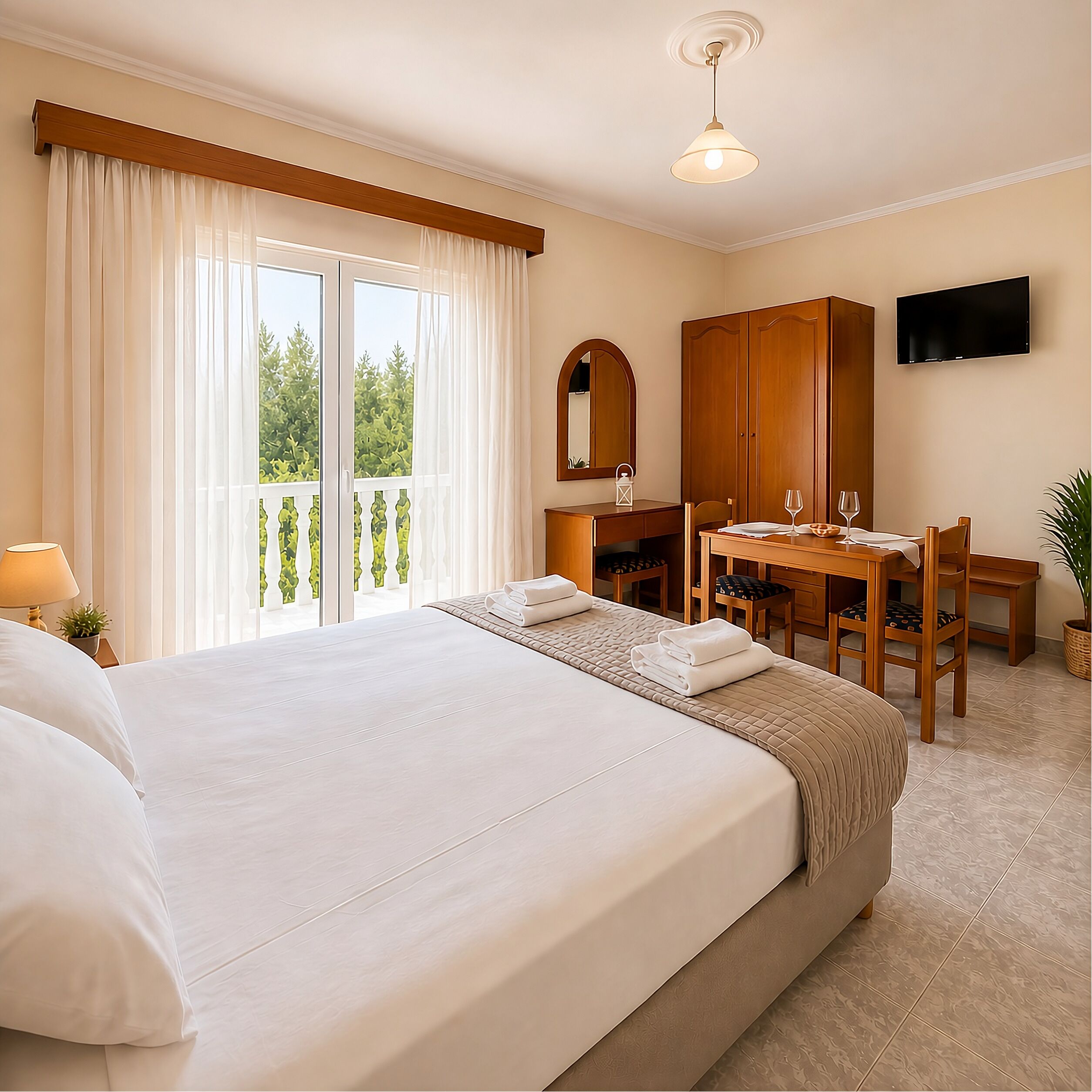 A hotel room with a large bed, a desk, a chair, a television, and a balcony with curtains.